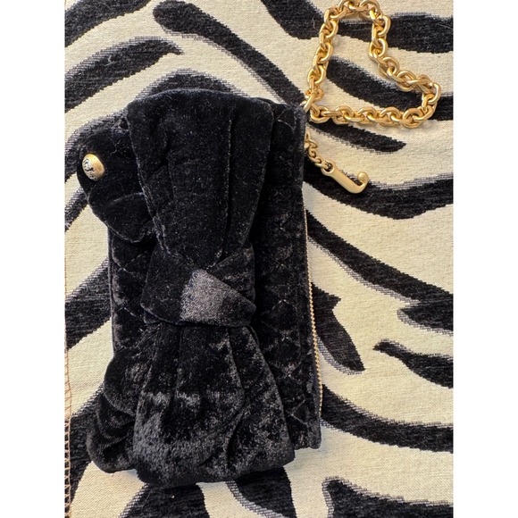 Y2K Juicy Couture Black Velvet Quilted Bow Clutch‎ Bag Gold Chain